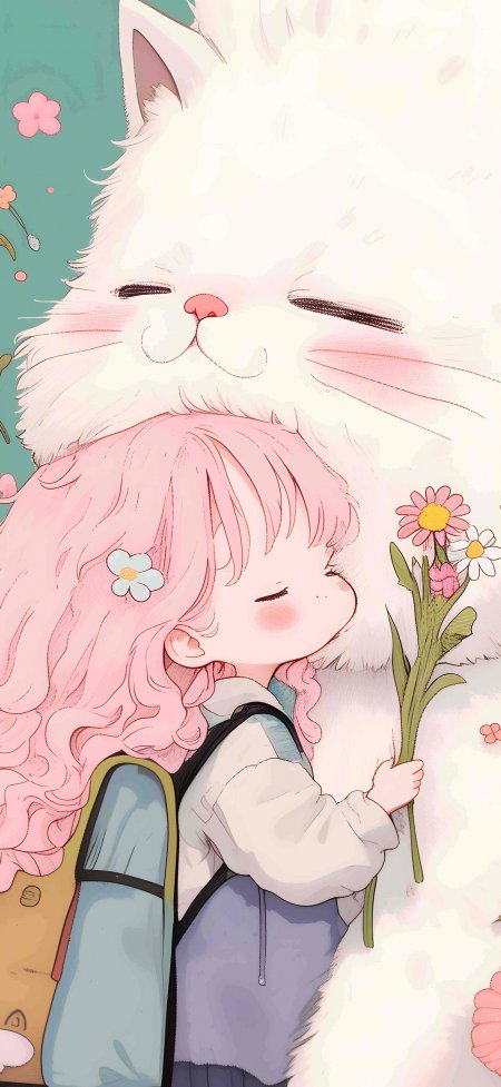 粉发少女依偎大白猫鲜花治愈动漫手机壁纸
