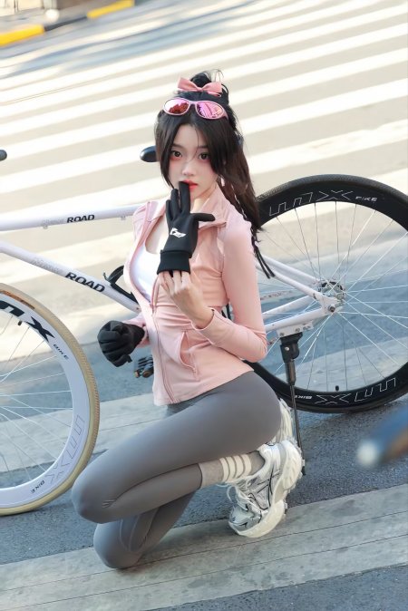 粉色外套街边单车蹲姿运动美女人物手机壁纸