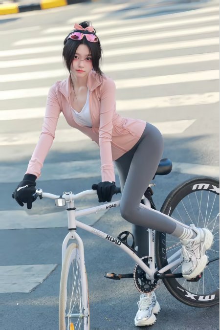 粉色运动服美女户外骑行单车人物手机壁纸