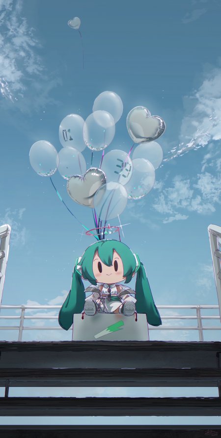 初音未来葱盒蓝天气球可爱玩偶动漫手机壁纸