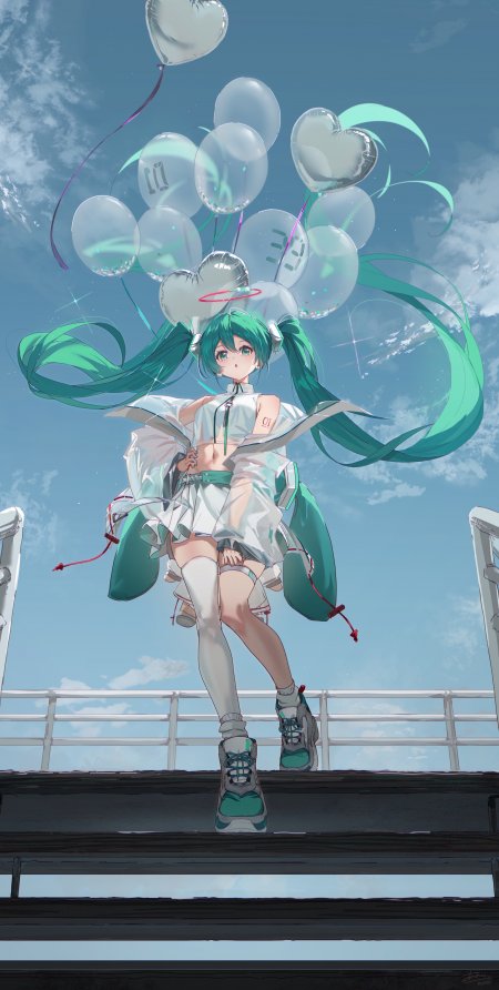 初音未来心形气球蓝天运动少女动漫手机壁纸