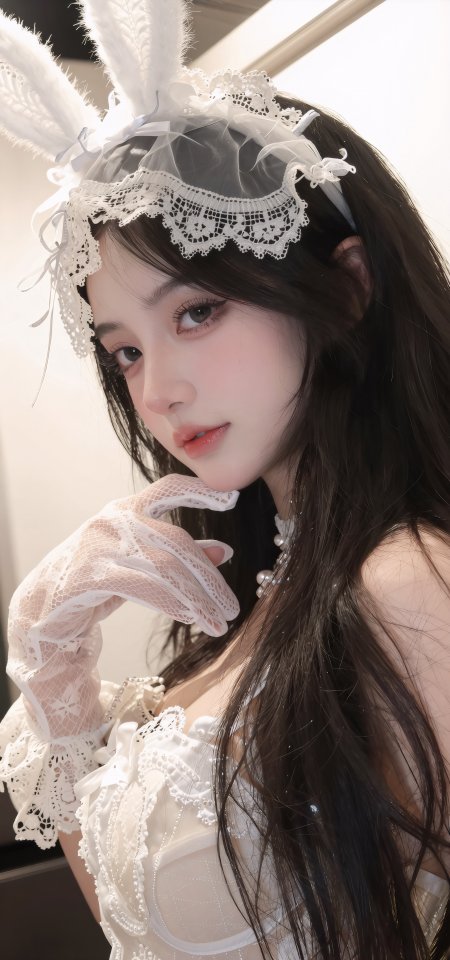 白蕾丝兔耳头纱珍珠手套优雅美女人物手机壁纸