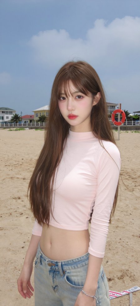 海边沙滩粉衣长发清纯美女摄影人物手机壁纸