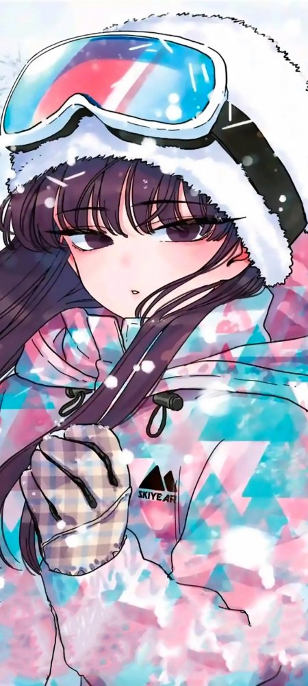 古见硝子滑雪服粉蓝冬日少女动漫手机壁纸