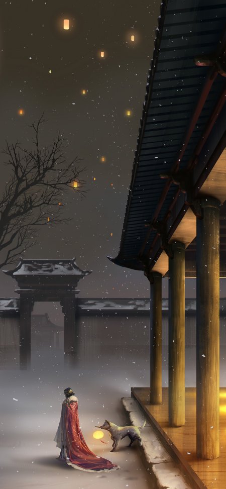古风雪夜红斗篷少女小狗提灯动漫手机壁纸