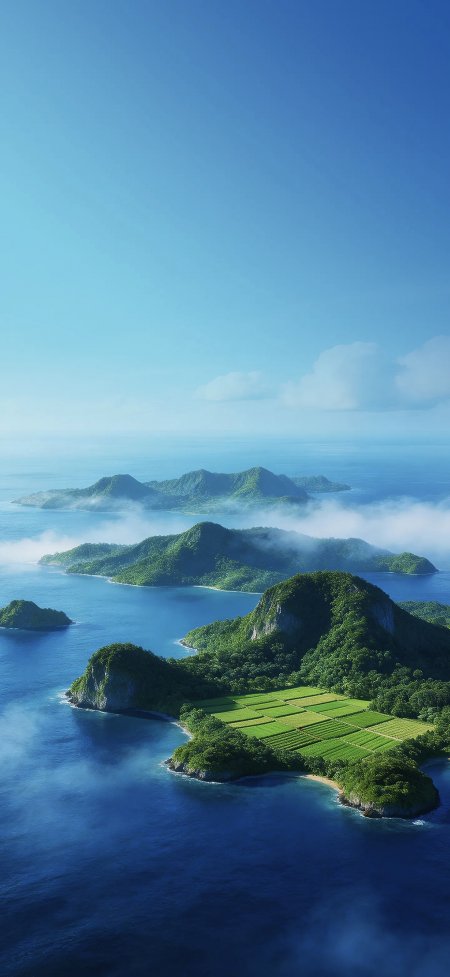 航拍翠绿海岛田园薄雾夏日蔚蓝风景手机壁纸