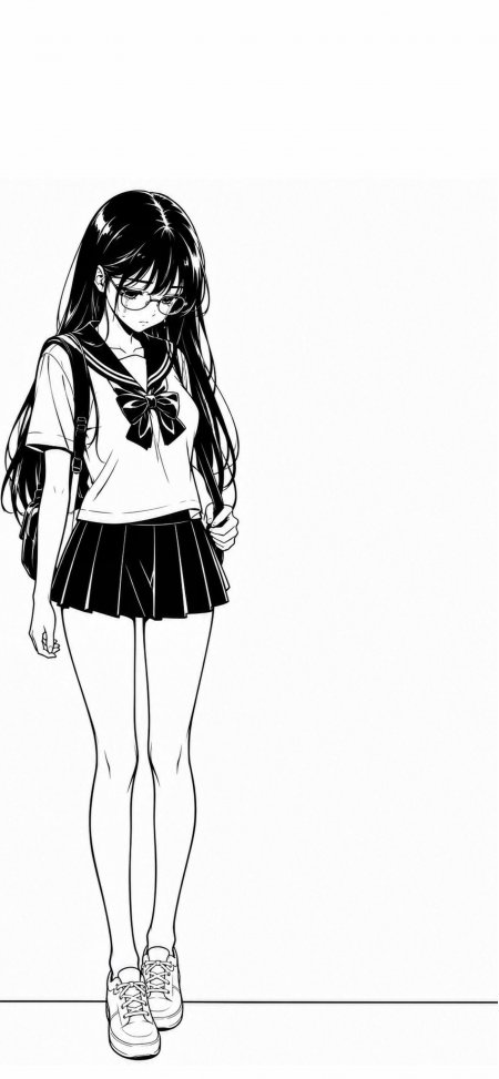 黑白校服眼镜忧郁少女线稿动漫手机壁纸
