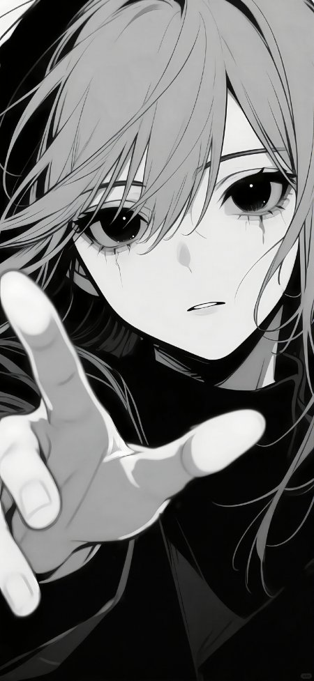 黑白漫画流泪伸手忧郁少女动漫手机壁纸