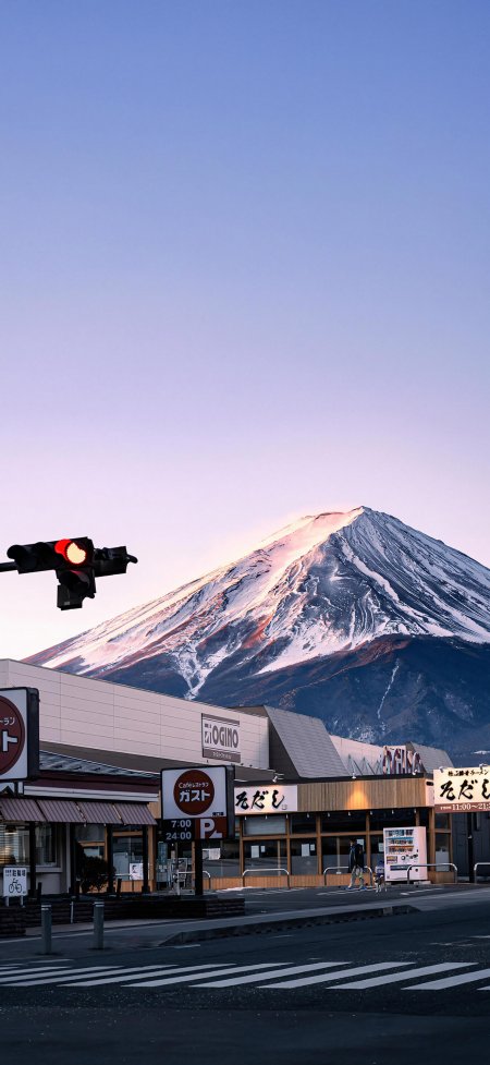富士山晨曦街景雪山粉峰治愈系风景手机壁纸