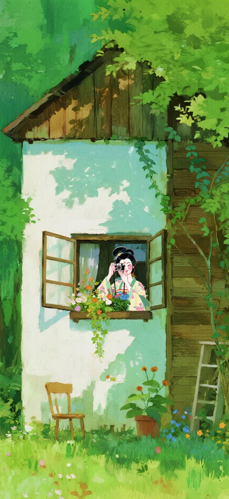 古风少女汉服窗边拍照田园小屋动漫手机壁纸