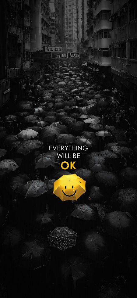 黑白雨街黄伞笑脸励志创意手机壁纸