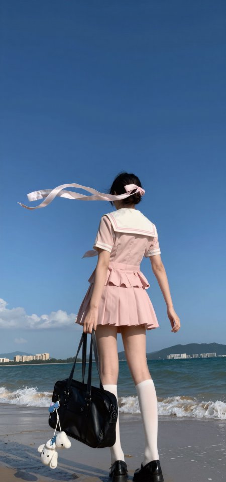 海边粉水手服丝带背影蓝天美女人物手机壁纸
