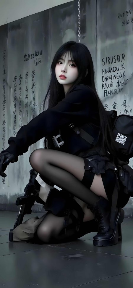 黑发战术机能蹲姿少女冷调动漫手机壁纸