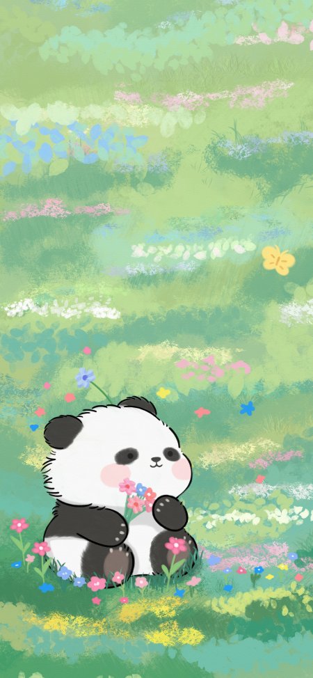 草地手捧花束卡通熊猫蝴蝶治愈插画卡通手机壁纸