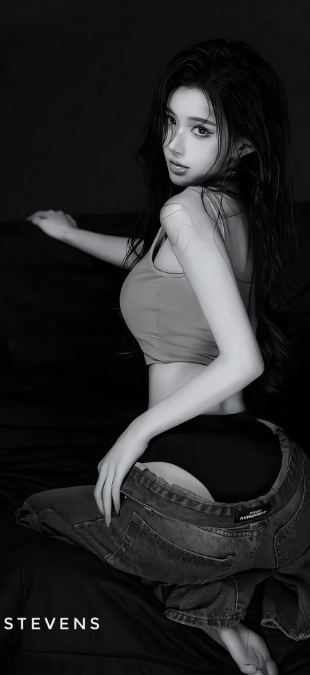 黑白长发回眸吊带牛仔裤美女手机壁纸