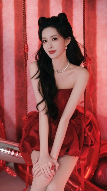 孟子义红白条纹秋千红裙美女人物手机壁纸