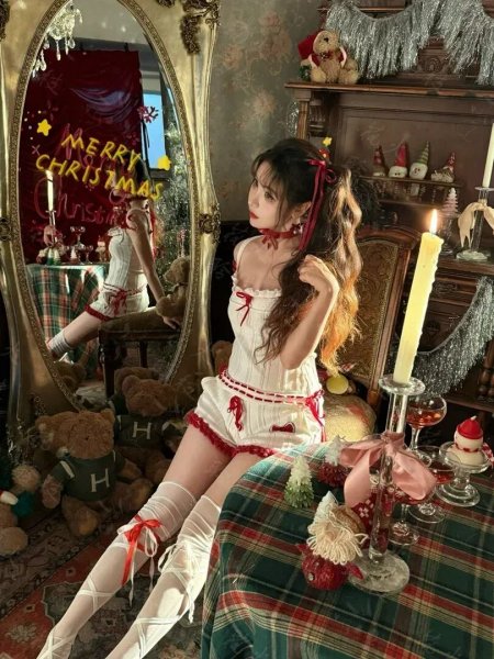 红蝴蝶结白吊带短裤长卷发美女人物手机壁纸