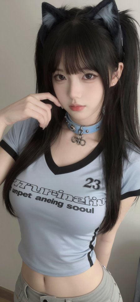黑色猫耳浅蓝露脐装清纯美女人物手机壁纸