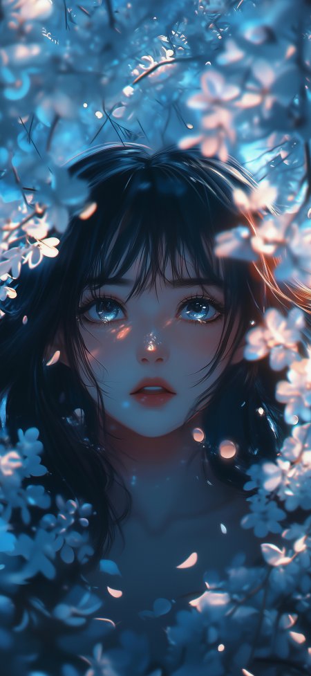 黑发蓝瞳少女白花环绕光斑梦幻动漫手机壁纸