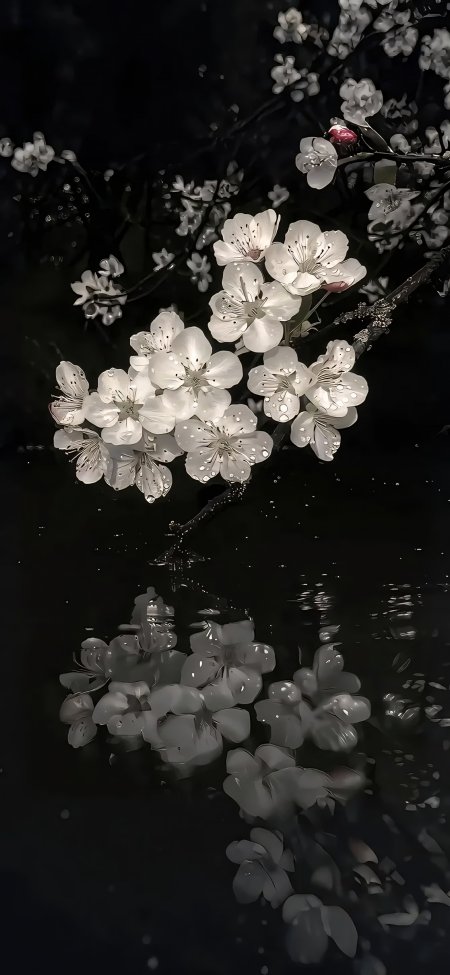 黑色背景白色樱花水滴倒影风景手机壁纸
