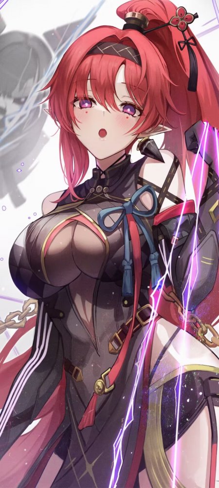 红发精灵耳少女紫瞳黑裙电光锁链动漫手机壁纸