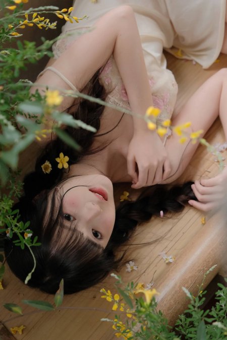 花间编发吊带裙俯拍美女人物手机壁纸