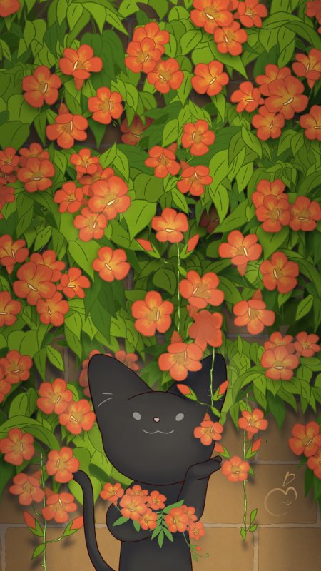 黑色小猫捧凌霄花砖墙治愈卡通插画动漫手机壁纸