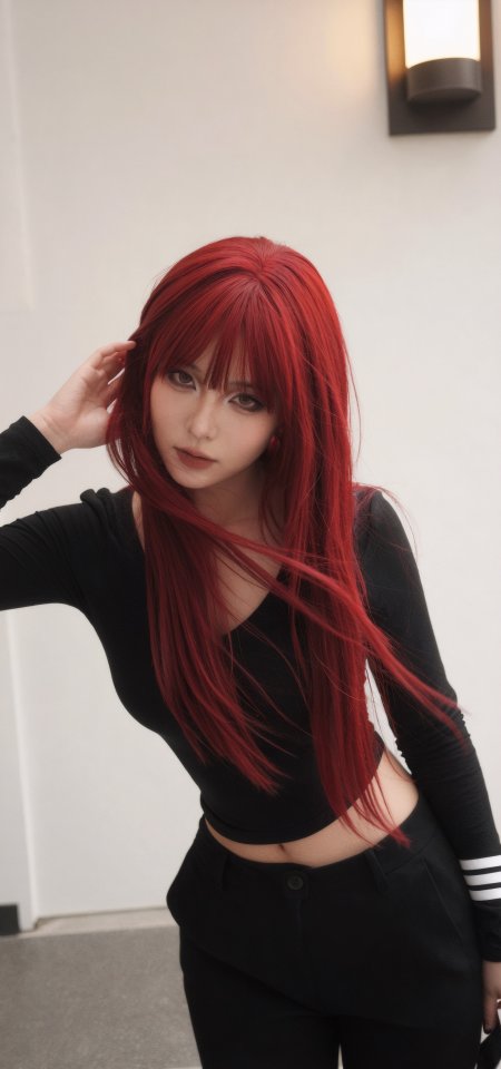 红发刘海美女黑衣露脐装高冷时尚人物手机壁纸