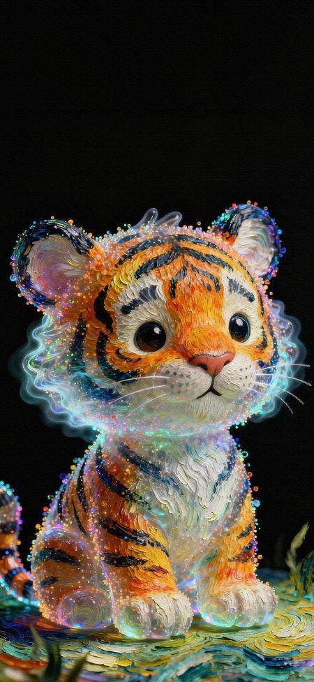 幻彩发光油画质感小老虎黑底萌宠动物手机壁纸