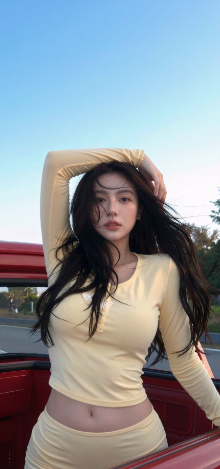 黄衣长发美女红色敞篷蓝天清爽人物手机壁纸