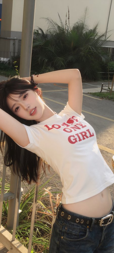 户外阳光长发美女白衣牛仔裤撩发人物手机壁纸