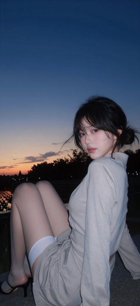 黄昏湖畔回眸盘发清冷气质长袜美女人物手机壁纸