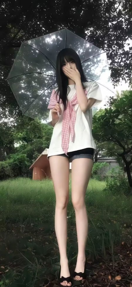 户外树下撑透明伞白衣粉格美女人物手机壁纸