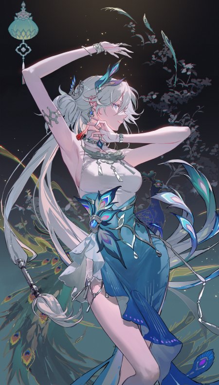 白发孔雀羽衣舞蹈少女动漫手机壁纸