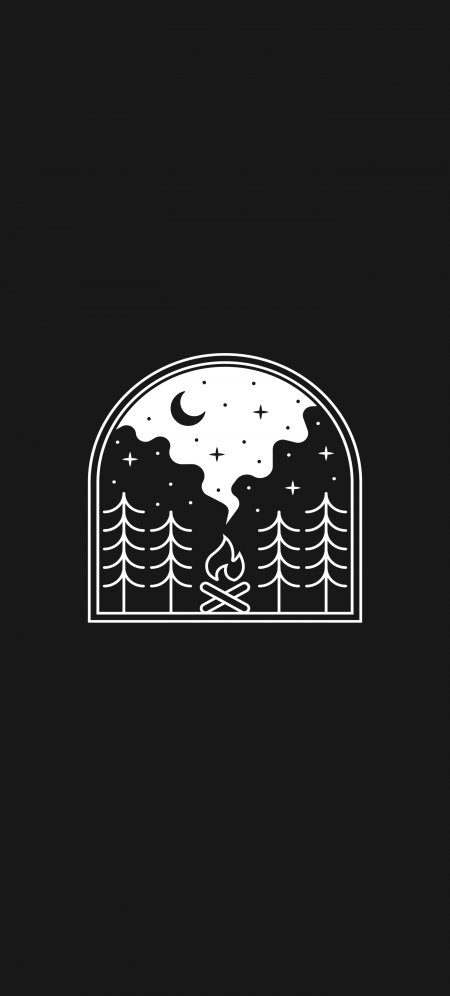 极简黑白线条森林篝火月亮星空风景手机壁纸