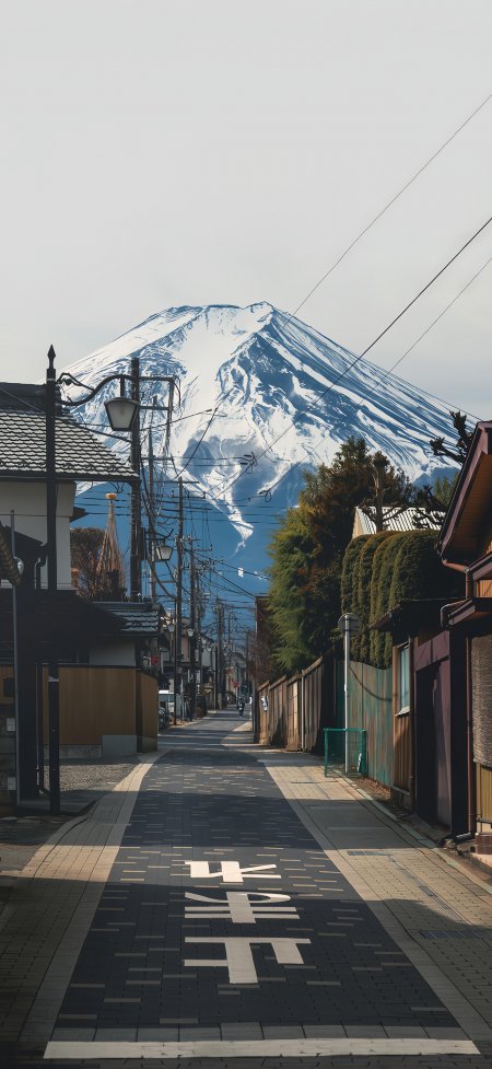 街巷尽头富士山雪峰电线杆日系风景手机壁纸