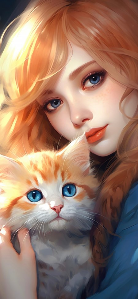 金发蓝眼少女怀抱橘白小猫亲昵特写动漫手机壁纸