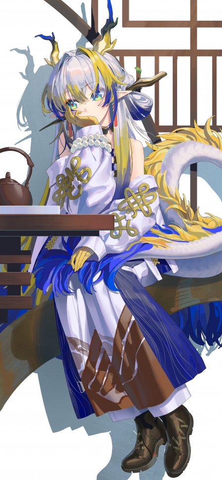 金角龙尾白发少女茶桌动漫手机壁纸