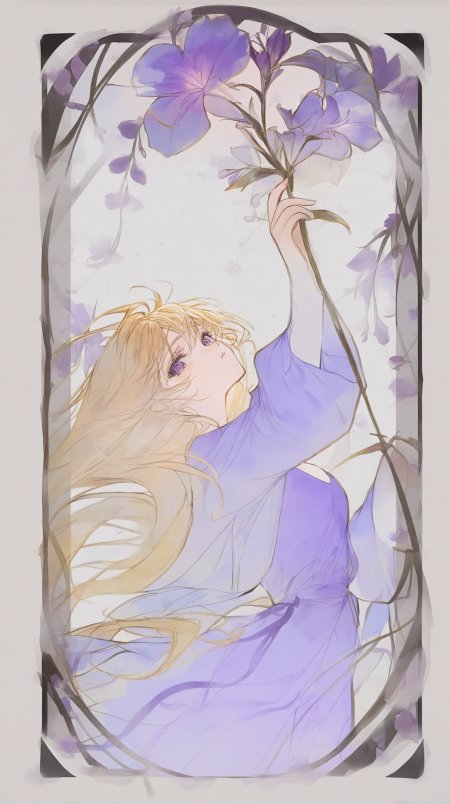 金发紫眼少女伸手紫花梦幻唯美插画动漫手机壁纸