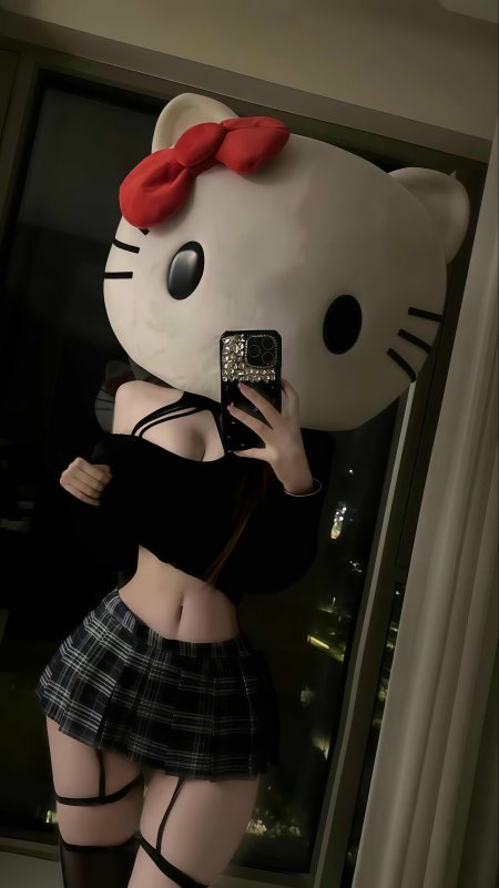 凯蒂猫大头套黑衣格纹裙美女人物手机壁纸