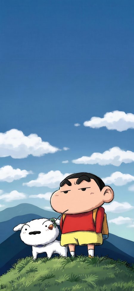 蜡笔小新小白叼玫瑰蓝天草地动漫手机壁纸