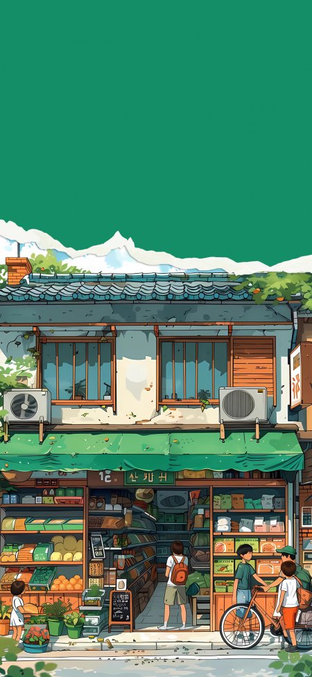 街角杂货店绿棚瓦房夏日街道治愈动漫手机壁纸