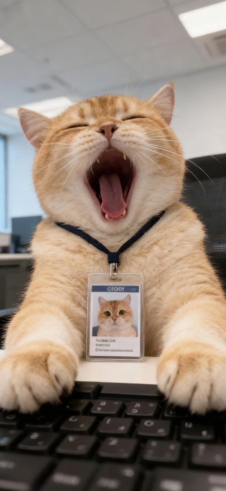 橘猫打哈欠挂工牌键盘办公室萌宠动物手机壁纸