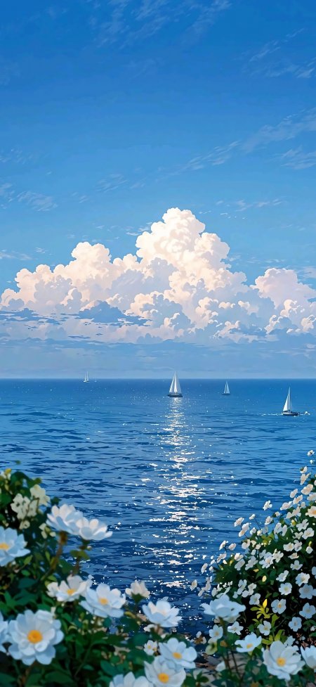 蓝天白云海边白花帆船海面波光风景动漫手机壁纸