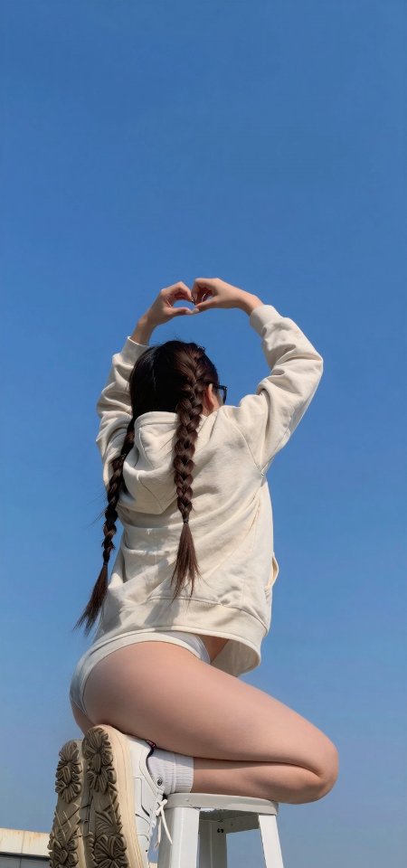 蓝天米色卫衣女孩凳上比心背影美女人物手机壁纸
