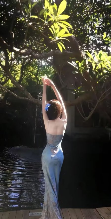 蓝裙美女背影举手树影阳光人物手机壁纸