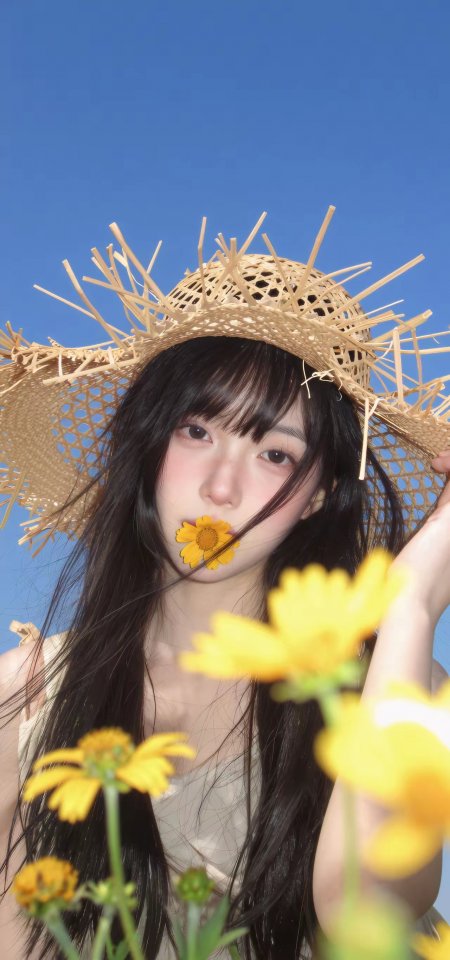 蓝天草帽美女口衔黄花清新人物手机壁纸