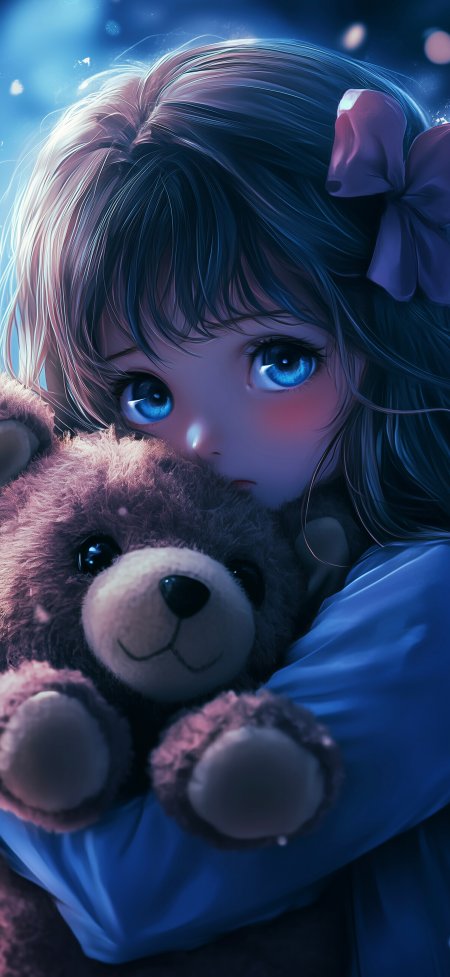 蓝眼紫蝴蝶结少女拥抱棕熊玩偶治愈动漫手机壁纸