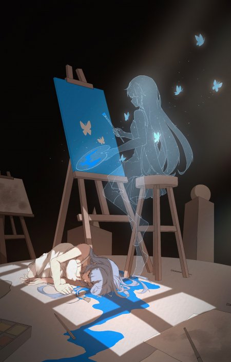 蓝发少女倒地画室灵魂虚影荧光蝴蝶动漫手机壁纸