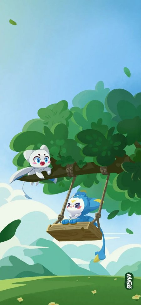 立夏树梢双猫秋千治愈动漫手机壁纸
